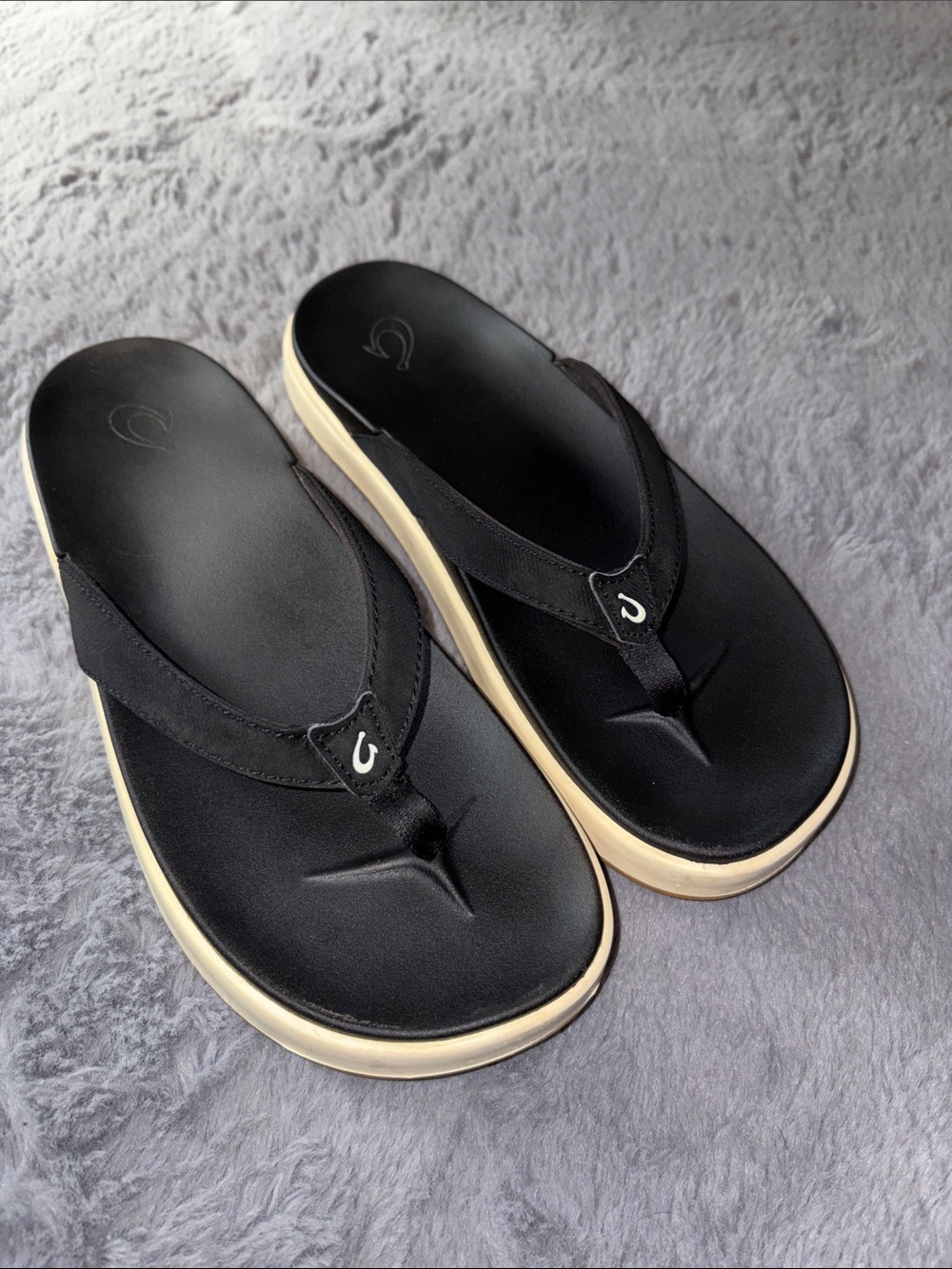 OluKai Black Thong Sandals with Tan Footbed